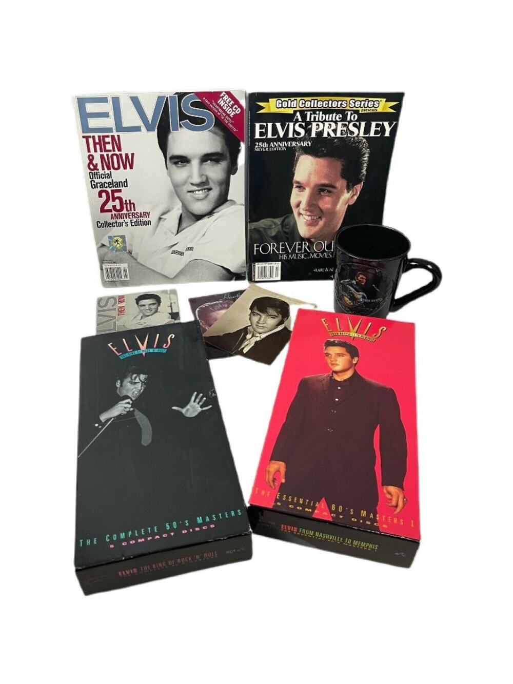 Elvis Presley Collector Lot Box Sets Mug Magazine CDs Booklet Memorabilia Gifts